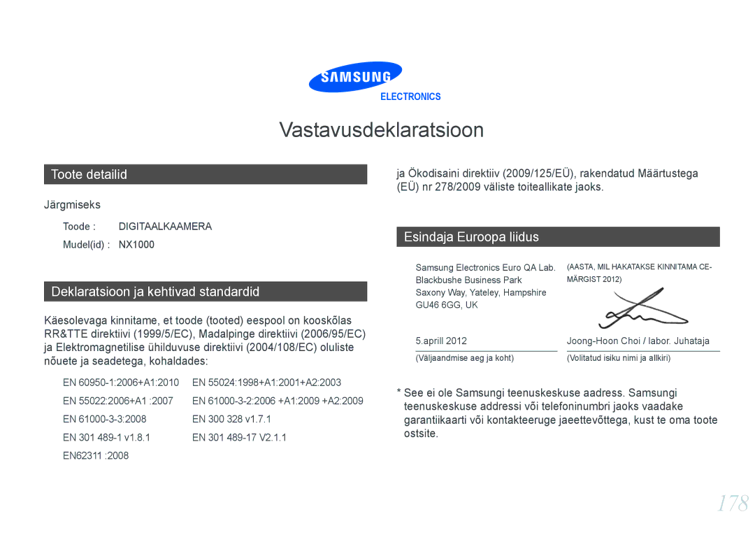 Samsung EV-NX1000BFWEE manual 178, Toode Digitaalkaamera Mudelid NX1000, EN 300 328, EN 301 489-1 EN 301 489-17 EN62311 