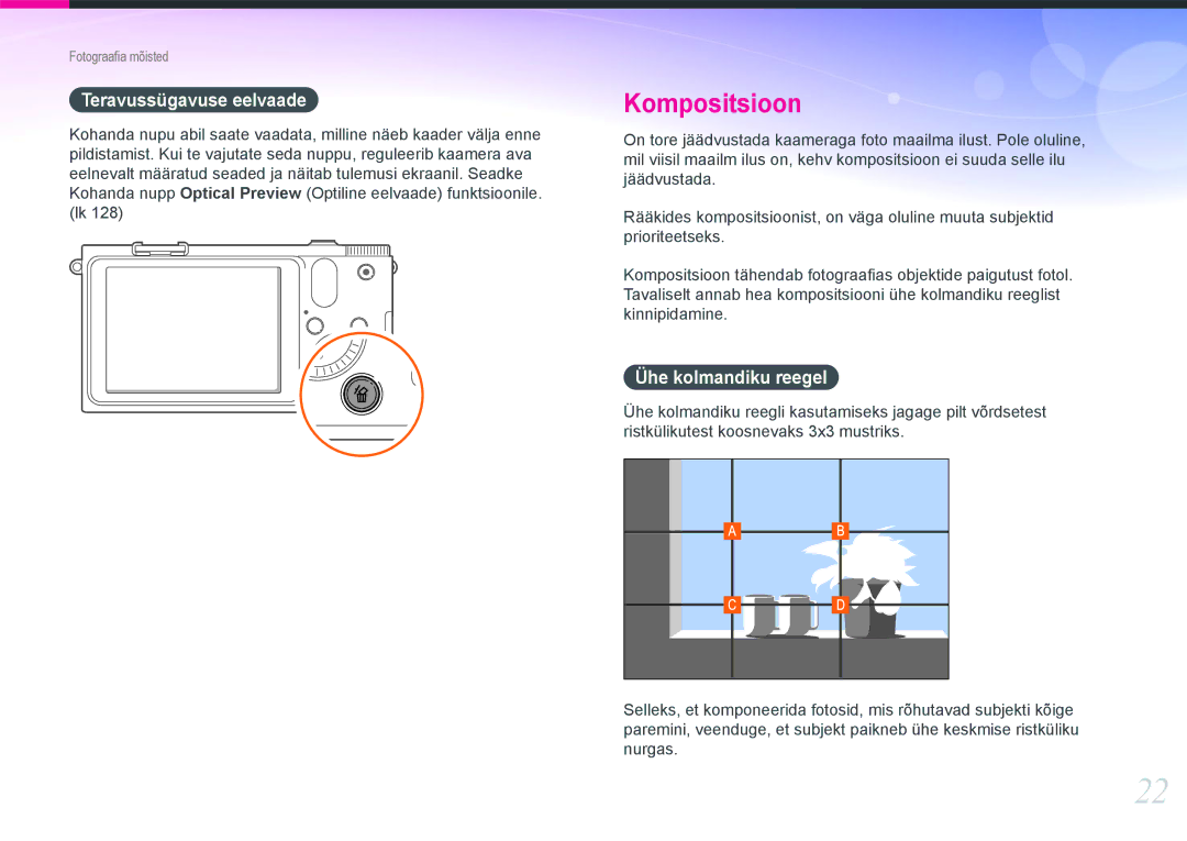 Samsung EV-NX1000BFWEE, EV-NX1000BABEE manual Teravussügavuse eelvaade, Ühe kolmandiku reegel 