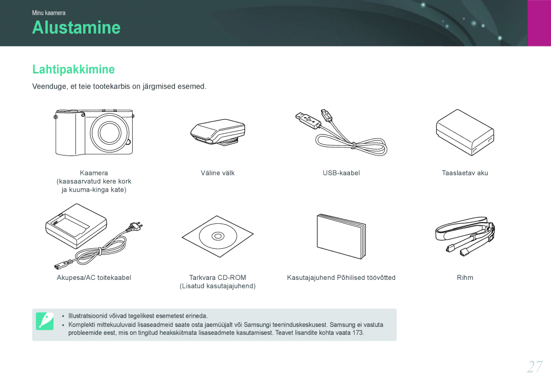 Samsung EV-NX1000BABEE, EV-NX1000BFWEE manual Alustamine, Lahtipakkimine, Veenduge, et teie tootekarbis on järgmised esemed 