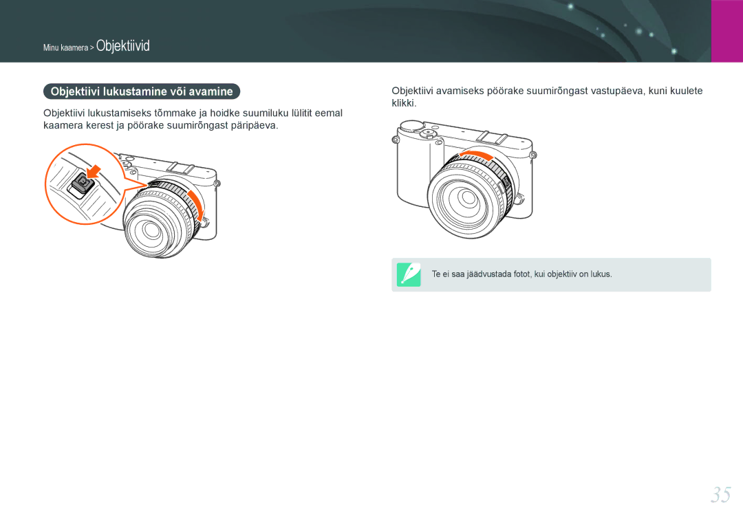 Samsung EV-NX1000BABEE, EV-NX1000BFWEE manual Objektiivi lukustamine või avamine 