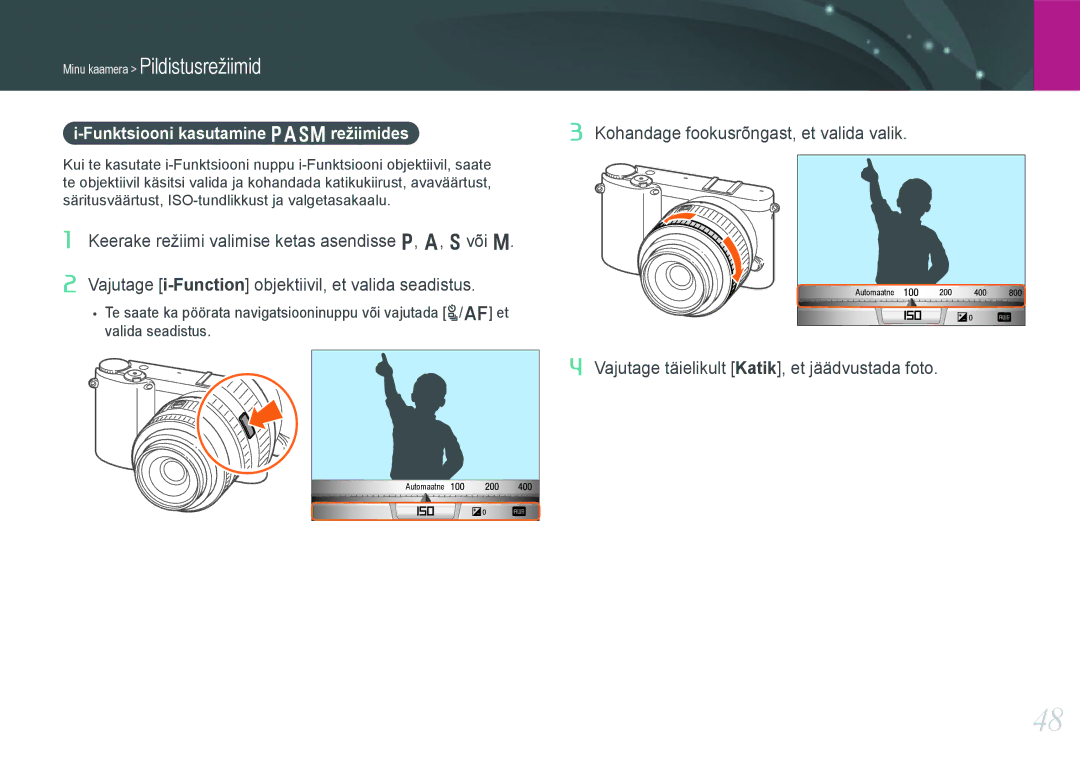 Samsung EV-NX1000BFWEE, EV-NX1000BABEE manual Funktsiooni kasutamine Pasm režiimides 