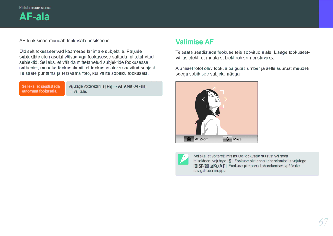 Samsung EV-NX1000BABEE, EV-NX1000BFWEE manual AF-ala, Valimise AF 