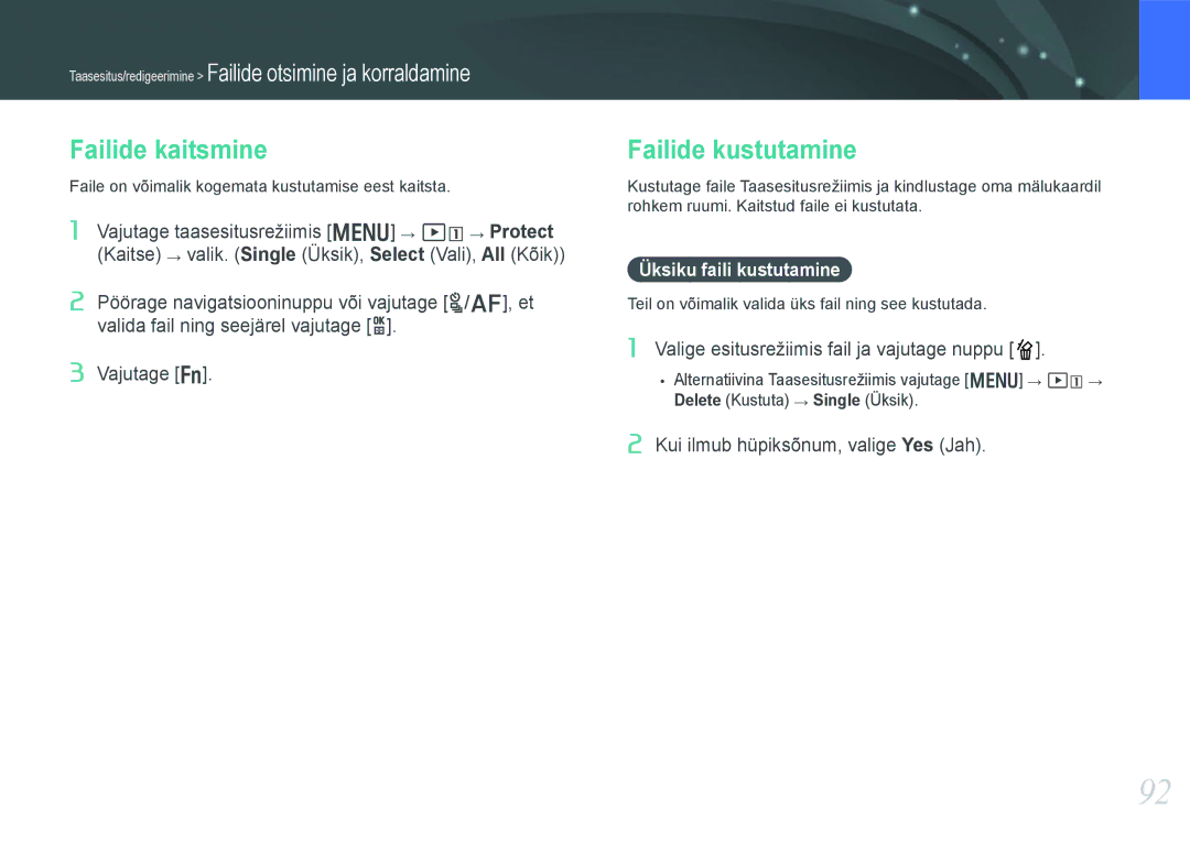 Samsung EV-NX1000BFWEE, EV-NX1000BABEE manual Failide kaitsmine, Failide kustutamine, Üksiku faili kustutamine 