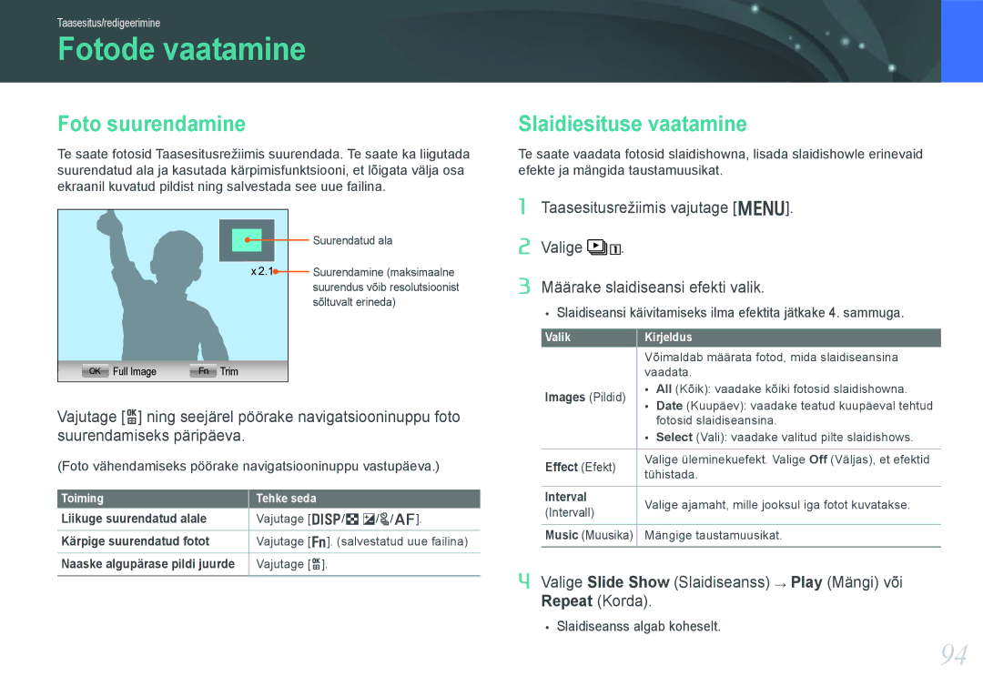 Samsung EV-NX1000BFWEE, EV-NX1000BABEE manual Fotode vaatamine, Foto suurendamine 