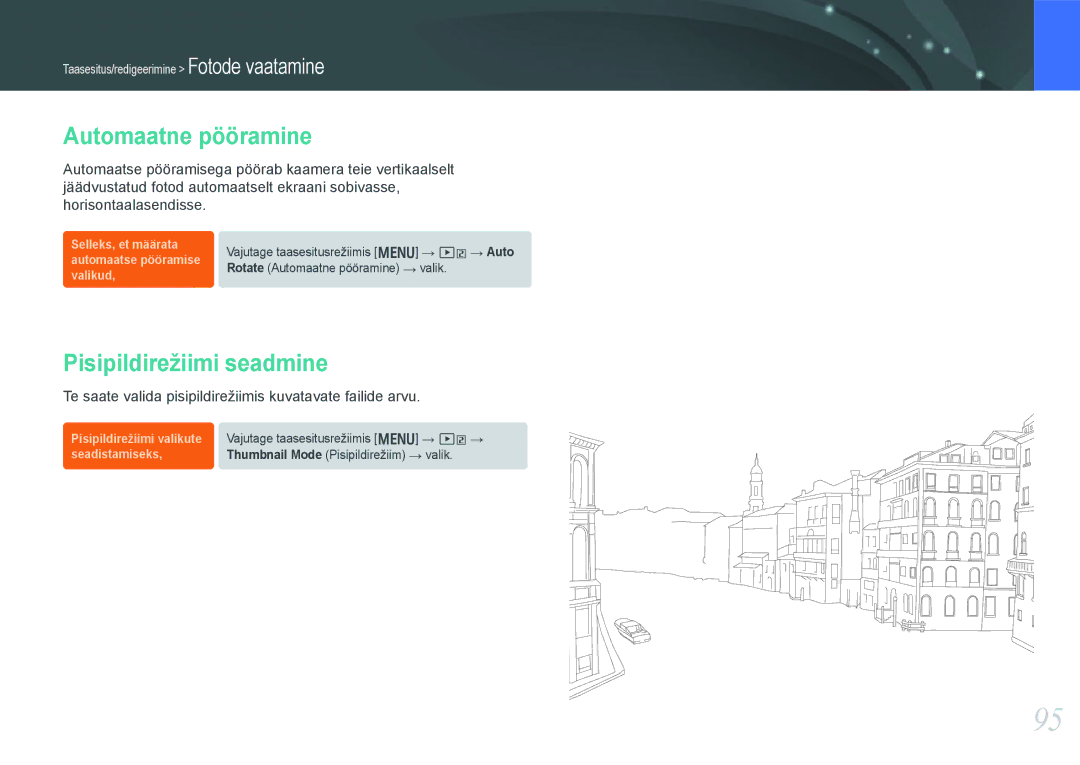 Samsung EV-NX1000BABEE, EV-NX1000BFWEE manual Automaatne pööramine, Pisipildirežiimi seadmine 