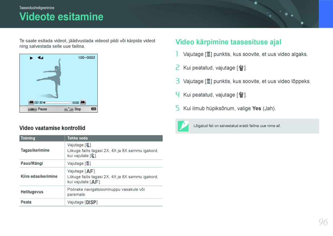 Samsung EV-NX1000BFWEE, EV-NX1000BABEE manual Videote esitamine, Video kärpimine taasesituse ajal 