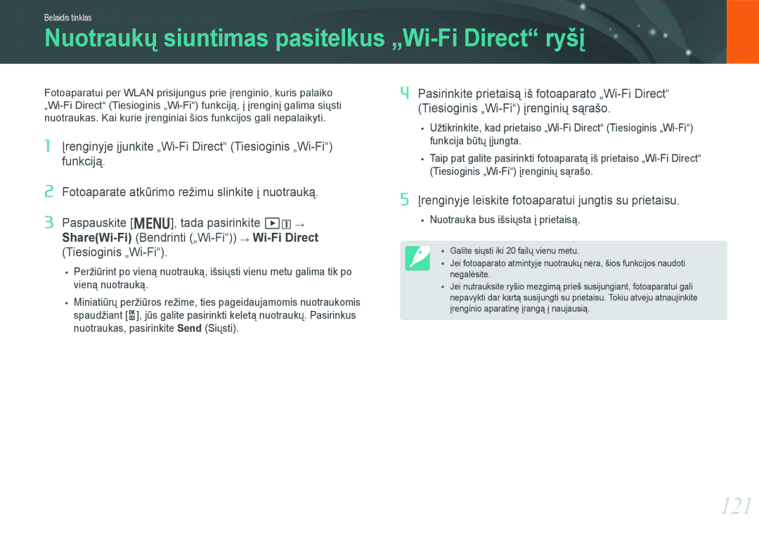 Samsung EV-NX1000BABEE, EV-NX1000BFWEE manual Nuotraukų siuntimas pasitelkus „Wi-Fi Direct ryšį, 121 