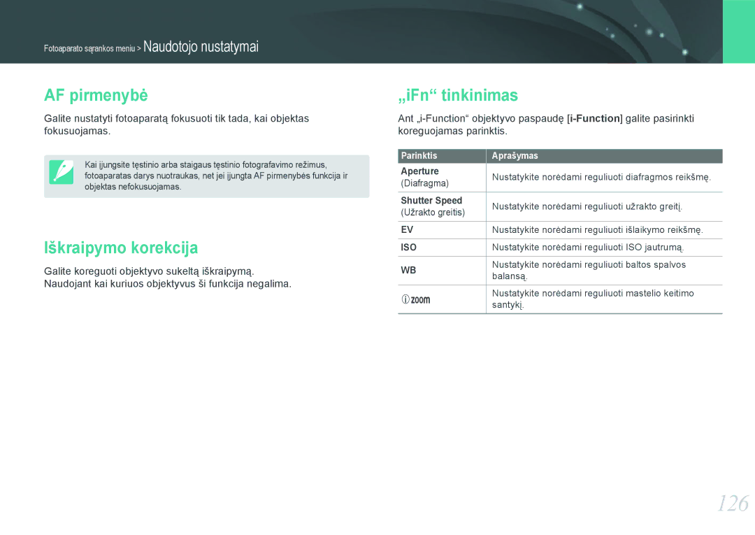 Samsung EV-NX1000BFWEE, EV-NX1000BABEE manual 126, AF pirmenybė, Iškraipymo korekcija, „iFn tinkinimas 