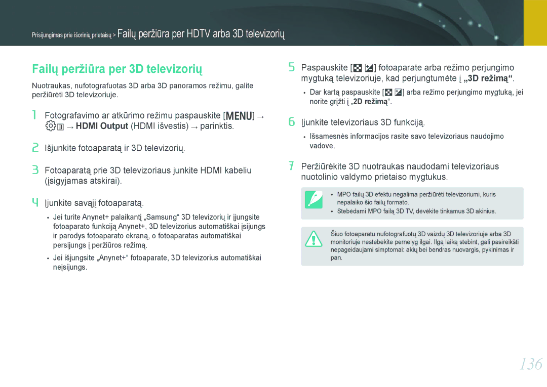 Samsung EV-NX1000BFWEE, EV-NX1000BABEE manual 136, Failų peržiūra per 3D televizorių 