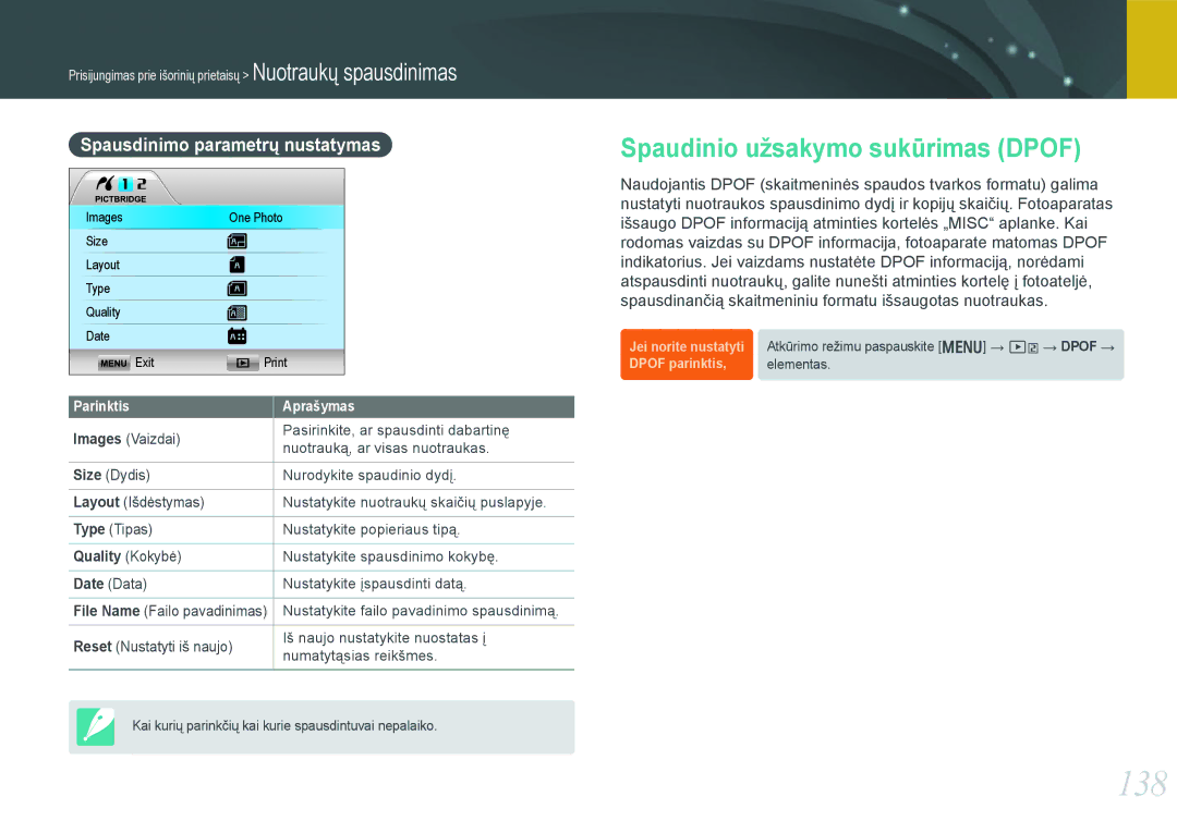 Samsung EV-NX1000BFWEE manual 138, Spaudinio užsakymo sukūrimas Dpof, Spausdinimo parametrų nustatymas, Quality Kokybė 