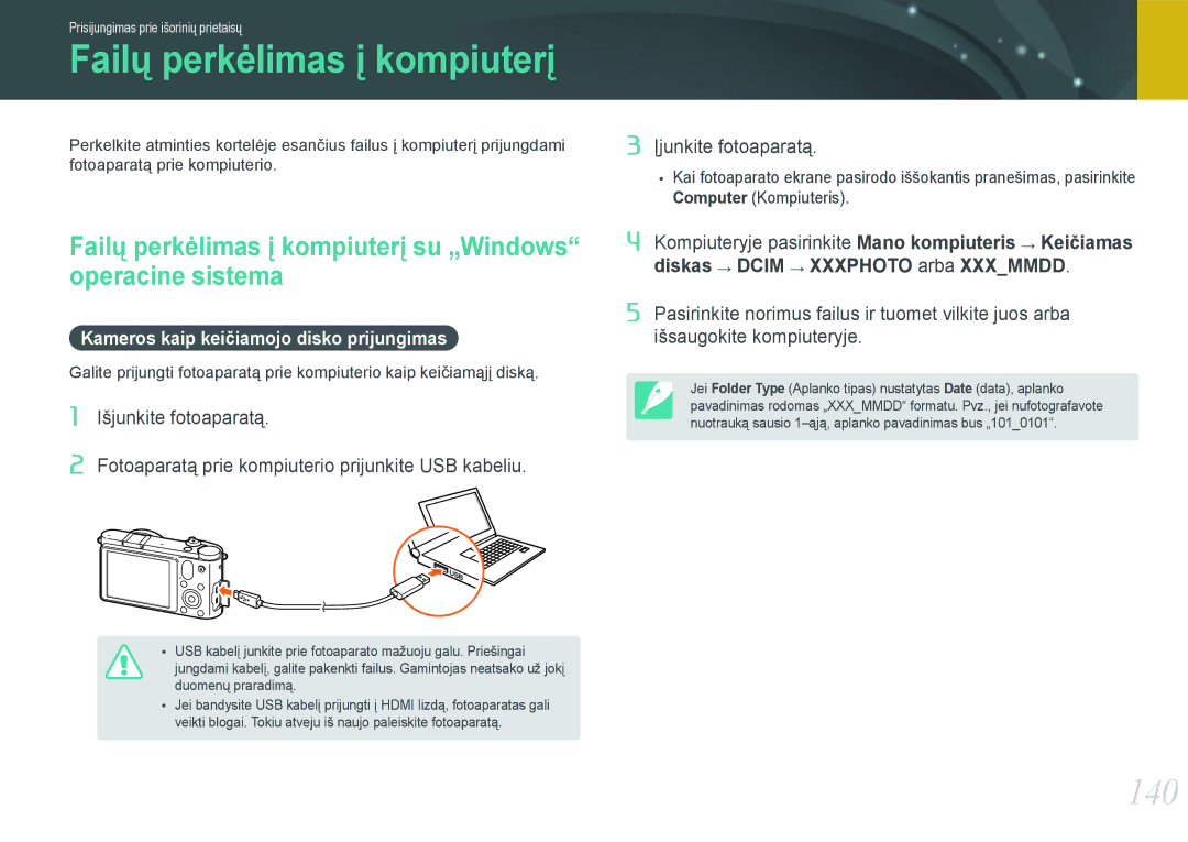 Samsung EV-NX1000BFWEE, EV-NX1000BABEE manual 140, Failų perkėlimas į kompiuterį su „Windows operacine sistema 