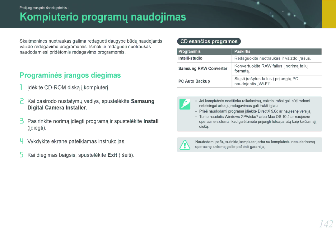 Samsung EV-NX1000BFWEE manual Kompiuterio programų naudojimas, 142, Programinės įrangos diegimas, CD esančios programos 