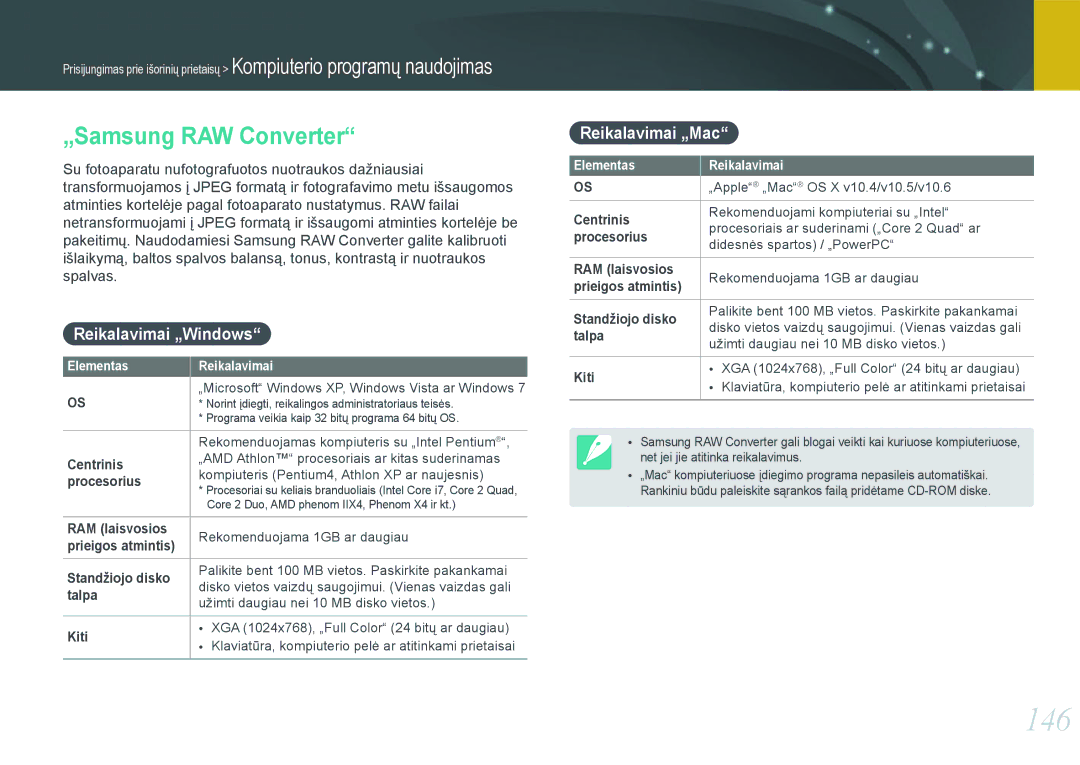 Samsung EV-NX1000BFWEE, EV-NX1000BABEE manual 146, „Samsung RAW Converter, Reikalavimai „Windows, Reikalavimai „Mac 