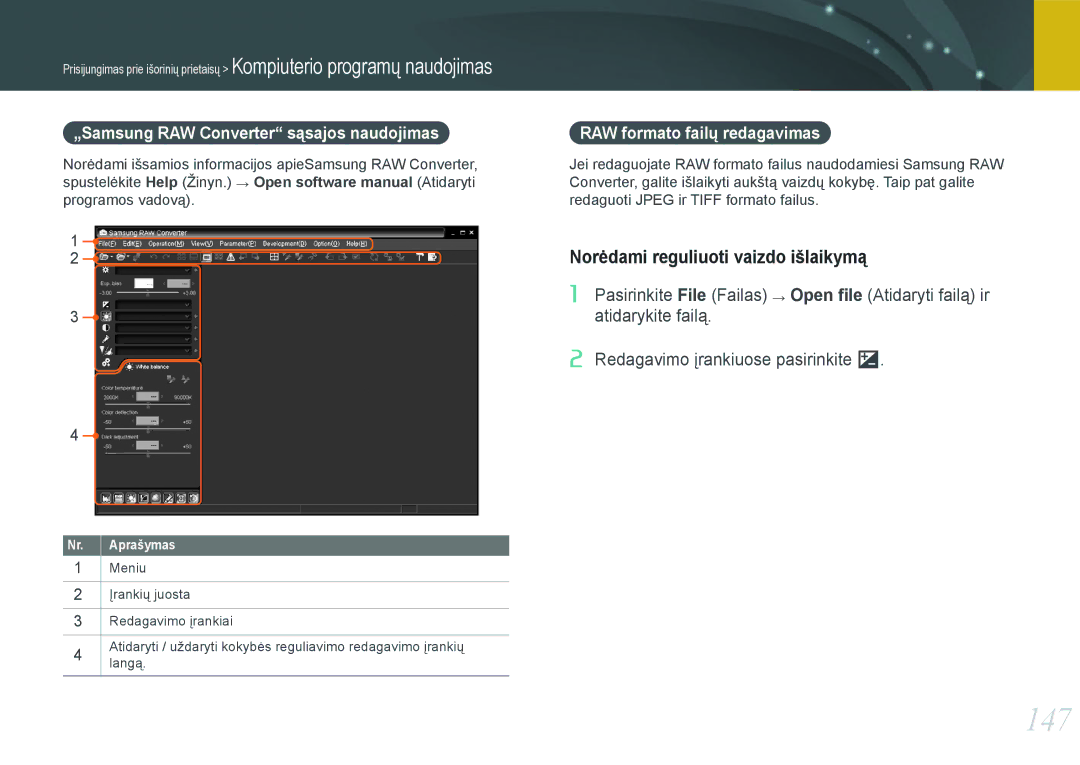Samsung EV-NX1000BABEE manual 147, Norėdami reguliuoti vaizdo išlaikymą, „Samsung RAW Converter sąsajos naudojimas 