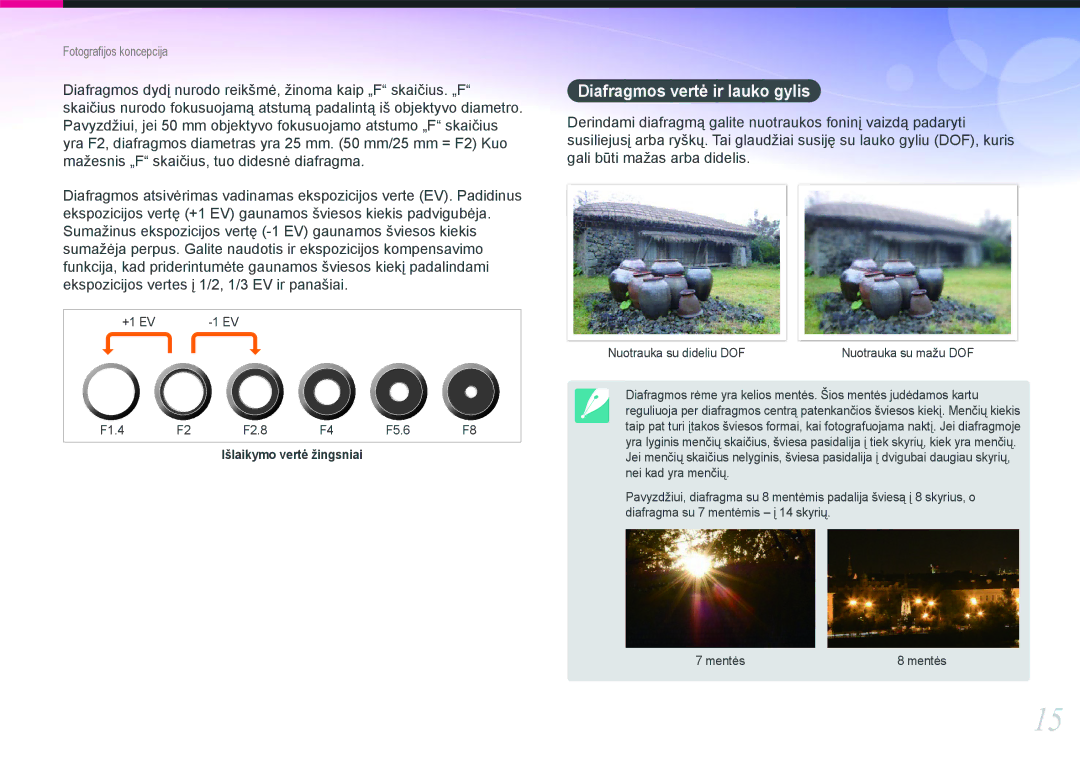 Samsung EV-NX1000BABEE, EV-NX1000BFWEE manual Diafragmos vertė ir lauko gylis 