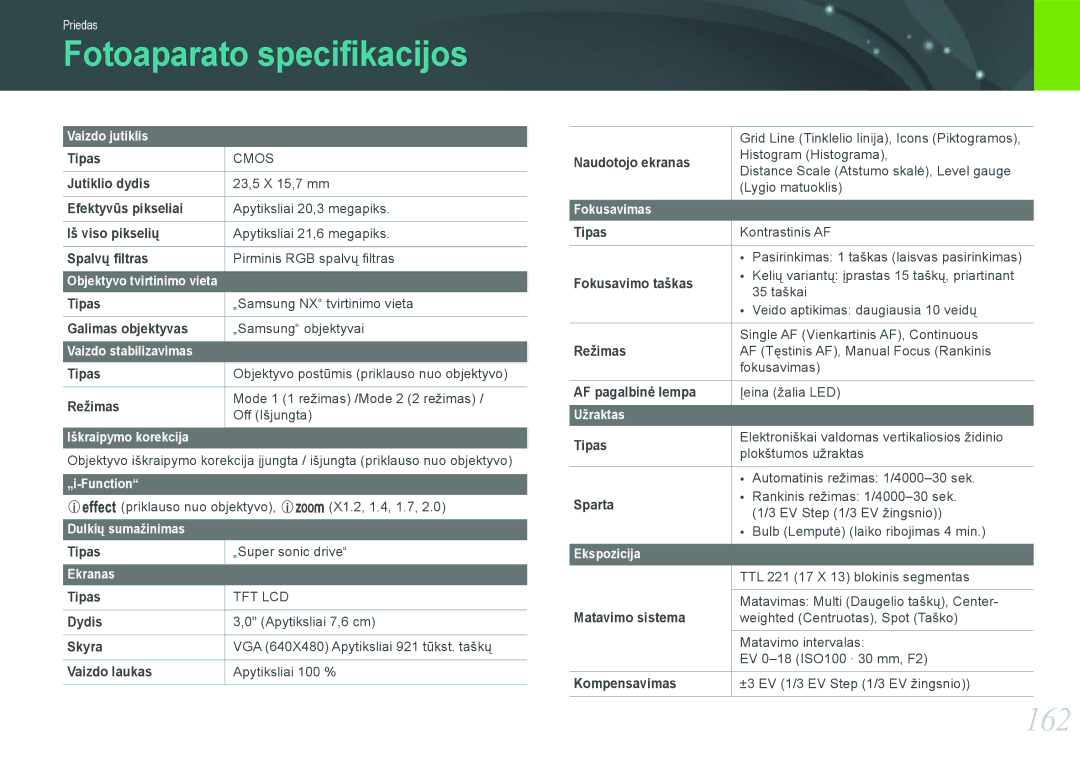 Samsung EV-NX1000BFWEE, EV-NX1000BABEE manual Fotoaparato speciﬁkacijos, 162 