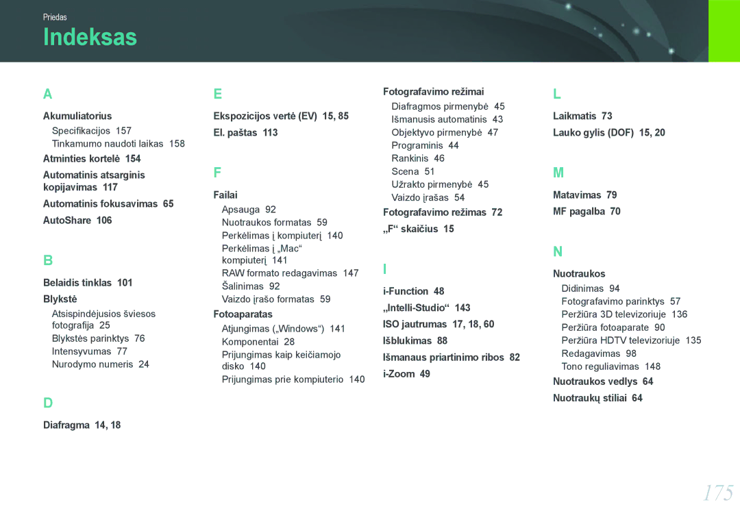 Samsung EV-NX1000BABEE manual Indeksas, 175, Diafragma 14 Ekspozicijos vertė EV 15, 85 El. paštas, Fotografavimo režimai 