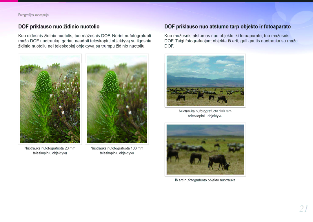 Samsung EV-NX1000BABEE manual DOF priklauso nuo židinio nuotolio, DOF priklauso nuo atstumo tarp objekto ir fotoaparato 
