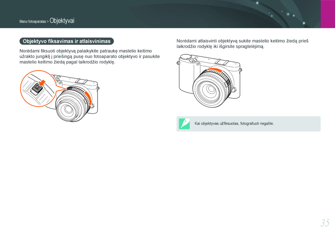 Samsung EV-NX1000BABEE, EV-NX1000BFWEE manual Objektyvo ﬁksavimas ir atlaisvinimas 