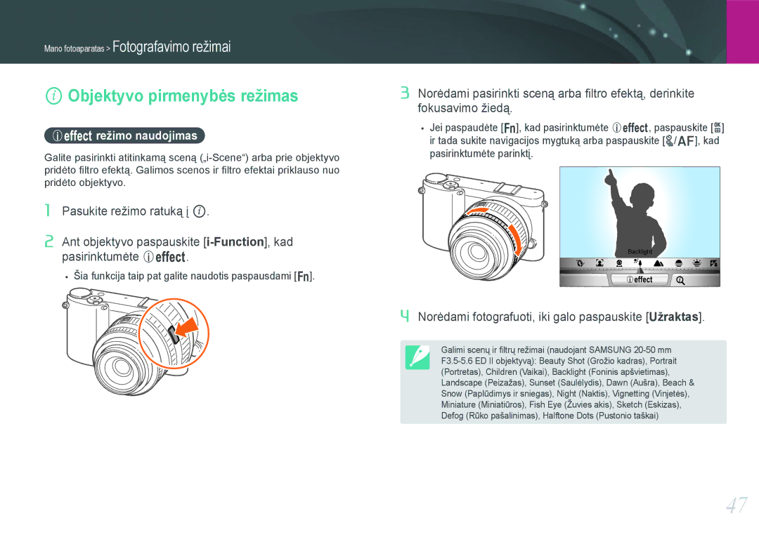 Samsung EV-NX1000BABEE, EV-NX1000BFWEE manual Objektyvo pirmenybės režimas, Režimo naudojimas 