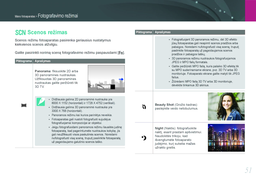 Samsung EV-NX1000BABEE, EV-NX1000BFWEE manual Scenos režimas, Piktograma Aprašymas 