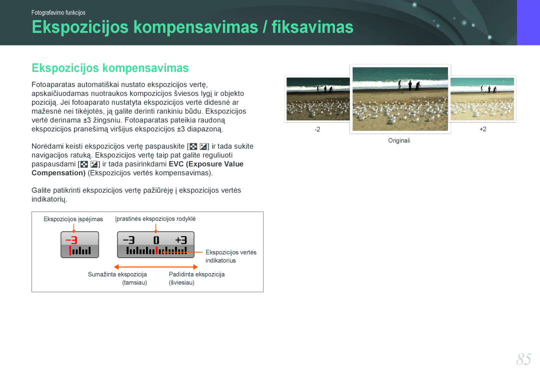 Samsung EV-NX1000BABEE, EV-NX1000BFWEE manual Ekspozicijos kompensavimas / ﬁksavimas 