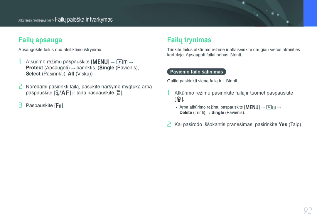 Samsung EV-NX1000BFWEE, EV-NX1000BABEE manual Failų apsauga, Failų trynimas, Pavienio failo šalinimas 