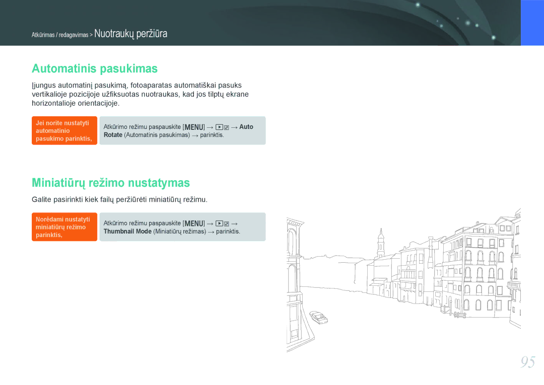 Samsung EV-NX1000BABEE, EV-NX1000BFWEE manual Automatinis pasukimas, Miniatiūrų režimo nustatymas 
