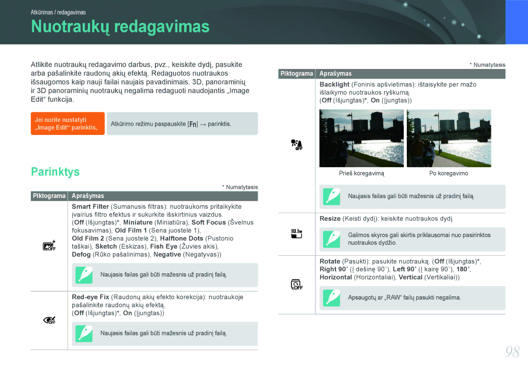 Samsung EV-NX1000BFWEE, EV-NX1000BABEE manual Nuotraukų redagavimas, Parinktys 