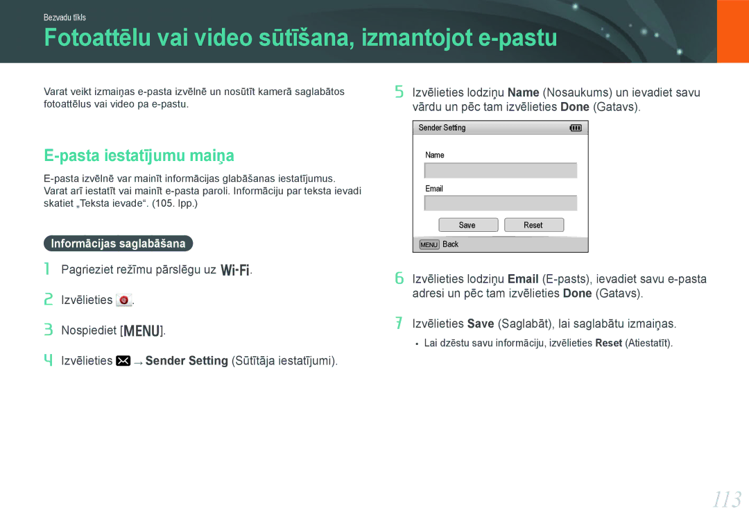 Samsung EV-NX1000BABEE, EV-NX1000BFWEE Fotoattēlu vai video sūtīšana, izmantojot e-pastu, 113, Pasta iestatījumu maiņa 