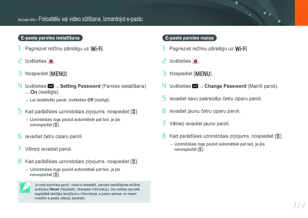Samsung EV-NX1000BFWEE, EV-NX1000BABEE manual 114, Pasta paroles iestatīšana, Pasta paroles maiņa 