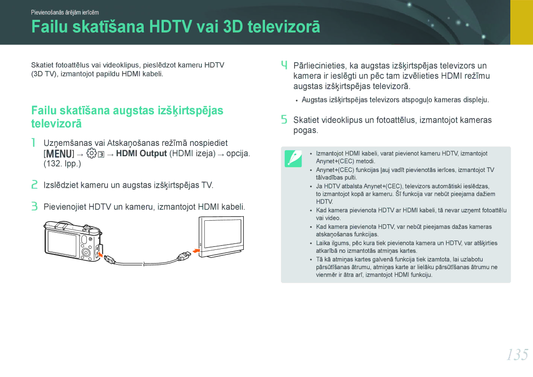 Samsung EV-NX1000BABEE manual Failu skatīšana Hdtv vai 3D televizorā, 135, Failu skatīšana augstas izšķirtspējas televizorā 