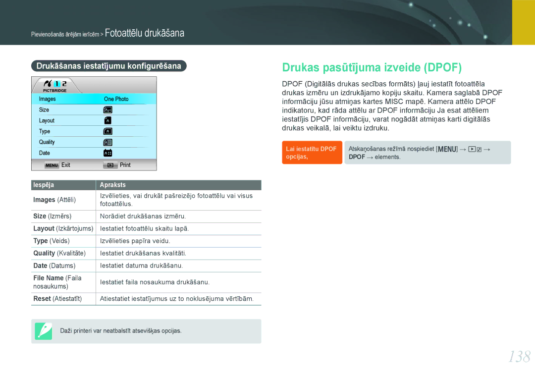 Samsung EV-NX1000BFWEE manual 138, Drukas pasūtījuma izveide Dpof, Drukāšanas iestatījumu konﬁgurēšana, File Name Faila 