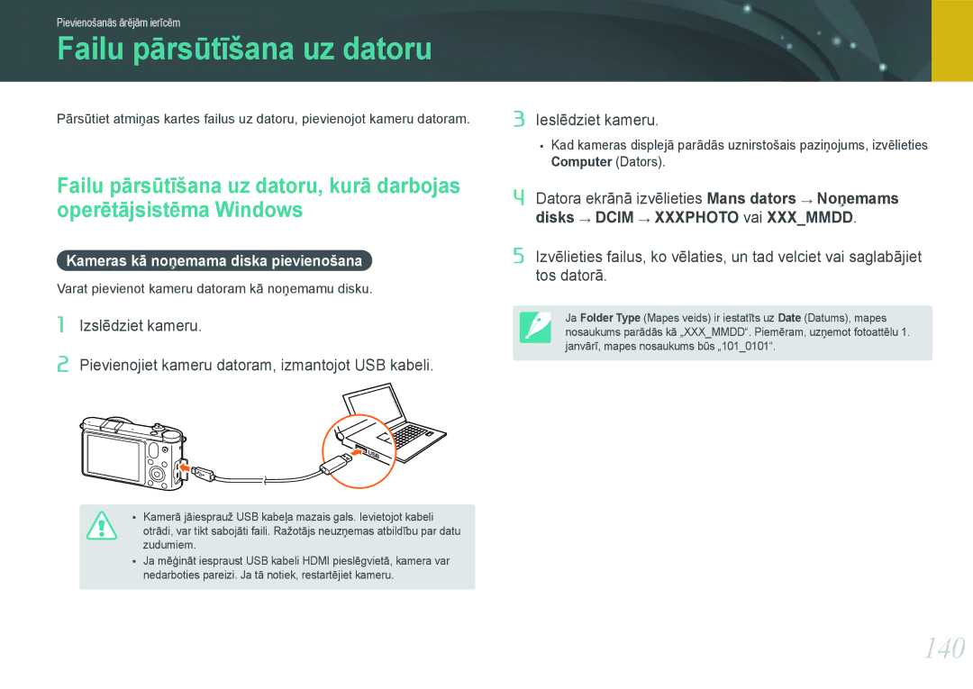 Samsung EV-NX1000BFWEE, EV-NX1000BABEE manual Failu pārsūtīšana uz datoru, 140, Kameras kā noņemama diska pievienošana 