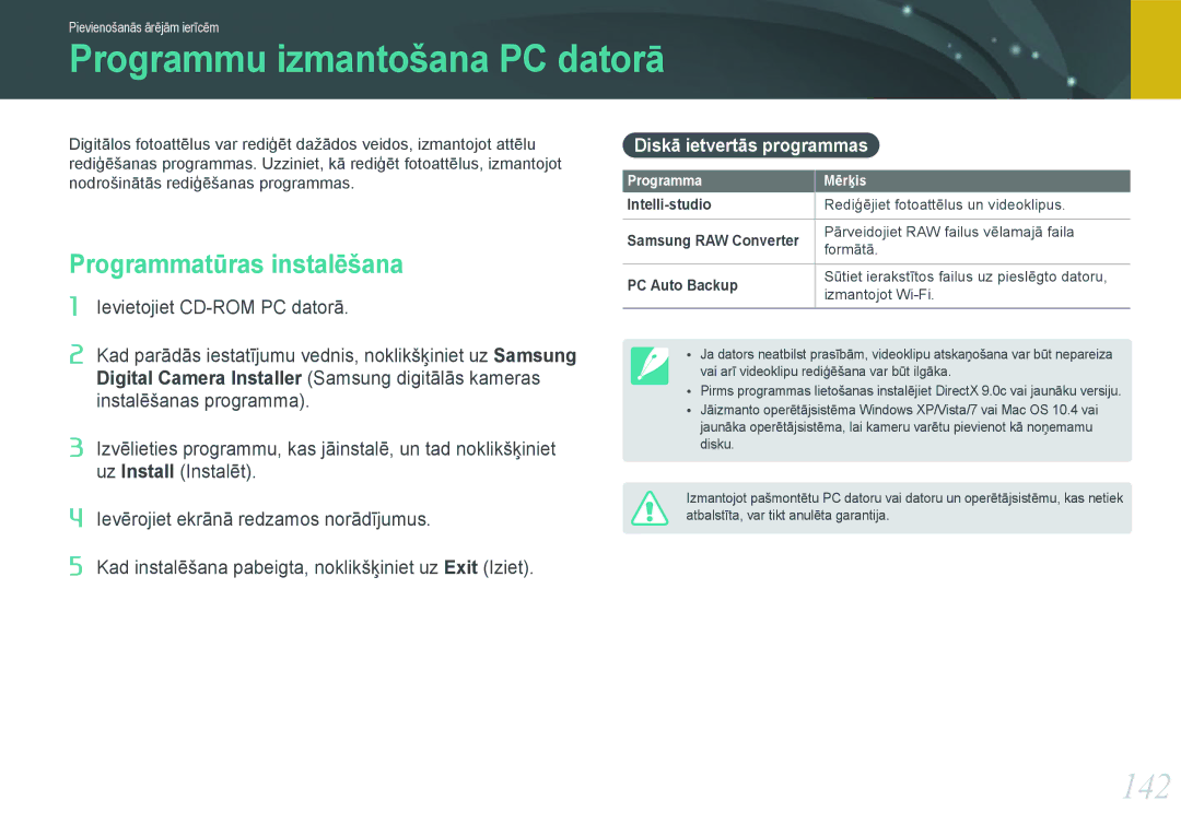 Samsung EV-NX1000BFWEE manual Programmu izmantošana PC datorā, 142, Programmatūras instalēšana, Diskā ietvertās programmas 