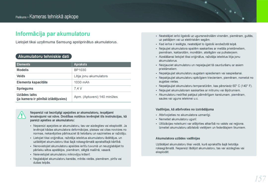 Samsung EV-NX1000BABEE, EV-NX1000BFWEE manual 157, Informācija par akumulatoru, Akumulatoru tehniskie dati 