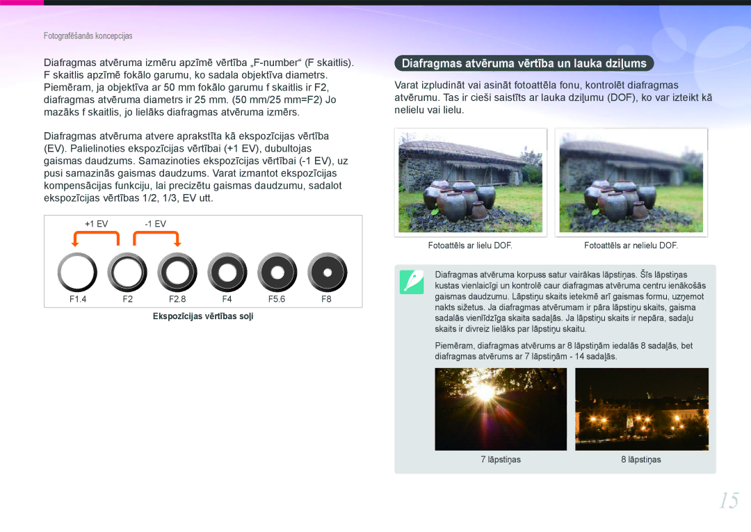 Samsung EV-NX1000BABEE, EV-NX1000BFWEE manual Diafragmas atvēruma vērtība un lauka dziļums 