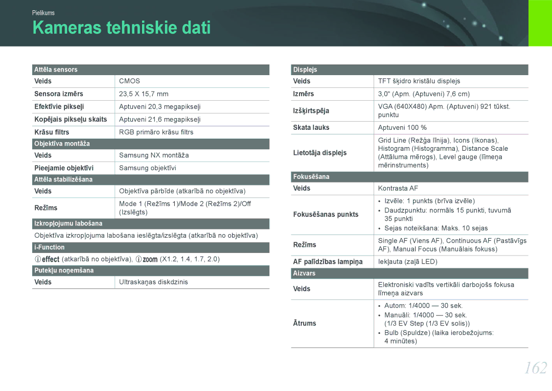 Samsung EV-NX1000BFWEE, EV-NX1000BABEE manual Kameras tehniskie dati, 162 