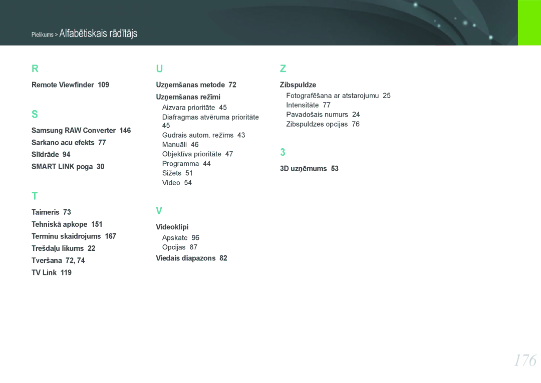 Samsung EV-NX1000BFWEE, EV-NX1000BABEE manual 176, Apskate Opcijas, Viedais diapazons Zibspuldze, 3D uzņēmums 