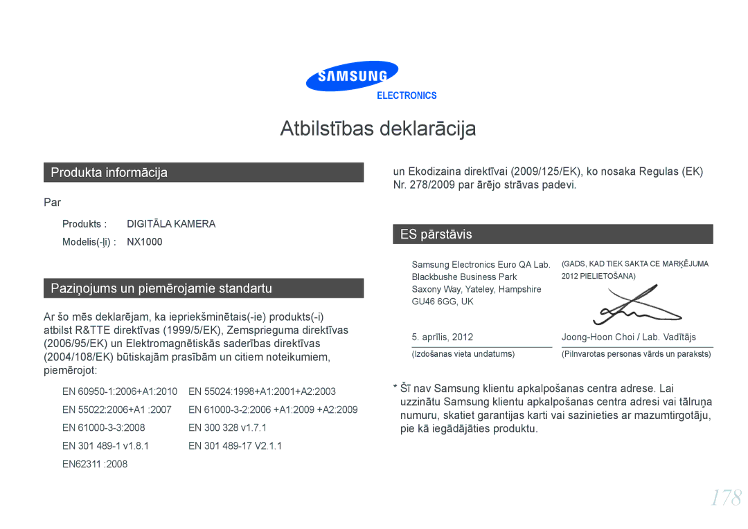 Samsung EV-NX1000BFWEE 178, Produkts Digitāla Kamera Modelis-ļi NX1000, EN 300 328, EN 301 489-1 EN 301 489-17 EN62311 