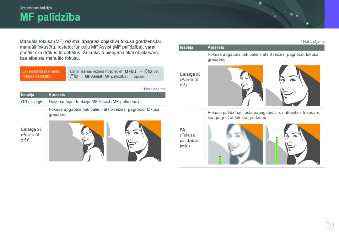 Samsung EV-NX1000BFWEE, EV-NX1000BABEE manual MF palīdzība, Fokusa palīdzības josla, Enlarge x8 Palielināt x 