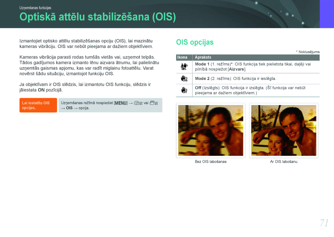 Samsung EV-NX1000BABEE, EV-NX1000BFWEE manual Optiskā attēlu stabilizēšana OIS, OIS opcijas 