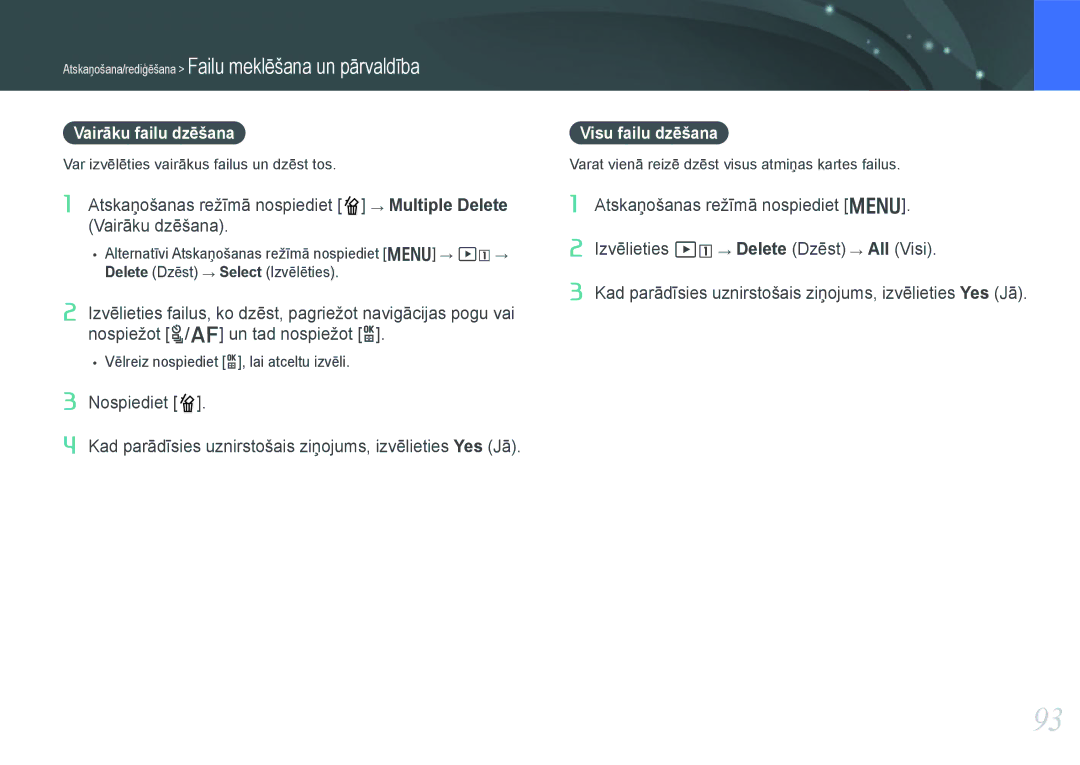 Samsung EV-NX1000BABEE manual Vairāku failu dzēšana, Visu failu dzēšana, Var izvēlēties vairākus failus un dzēst tos 
