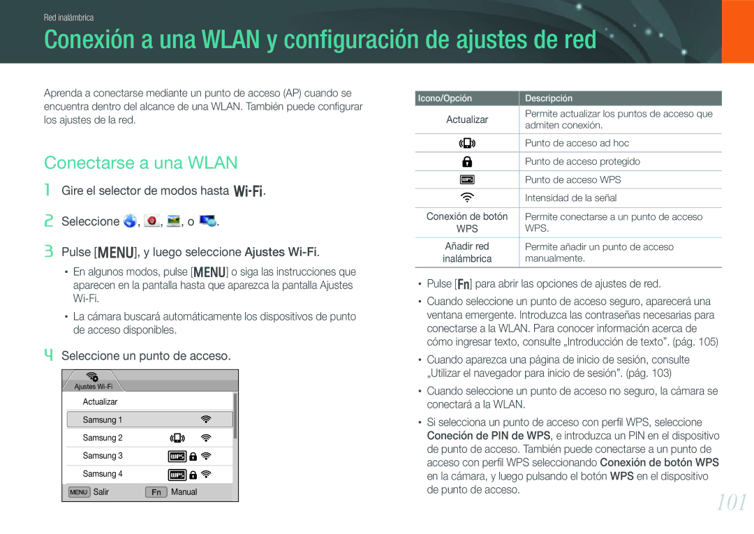 Samsung EV-NX1000BFWES, EV-NX1000BABES, EV-NX1000BHWFR manual Conexión a una Wlan y conﬁguración de ajustes de red, 101 