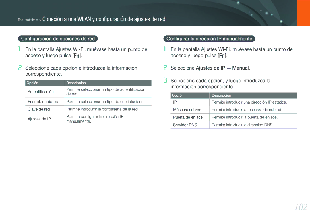 Samsung EV-NX1000BJPES, EV-NX1000BABES 102, Conﬁguración de opciones de red, Conﬁgurar la dirección IP manualmente 