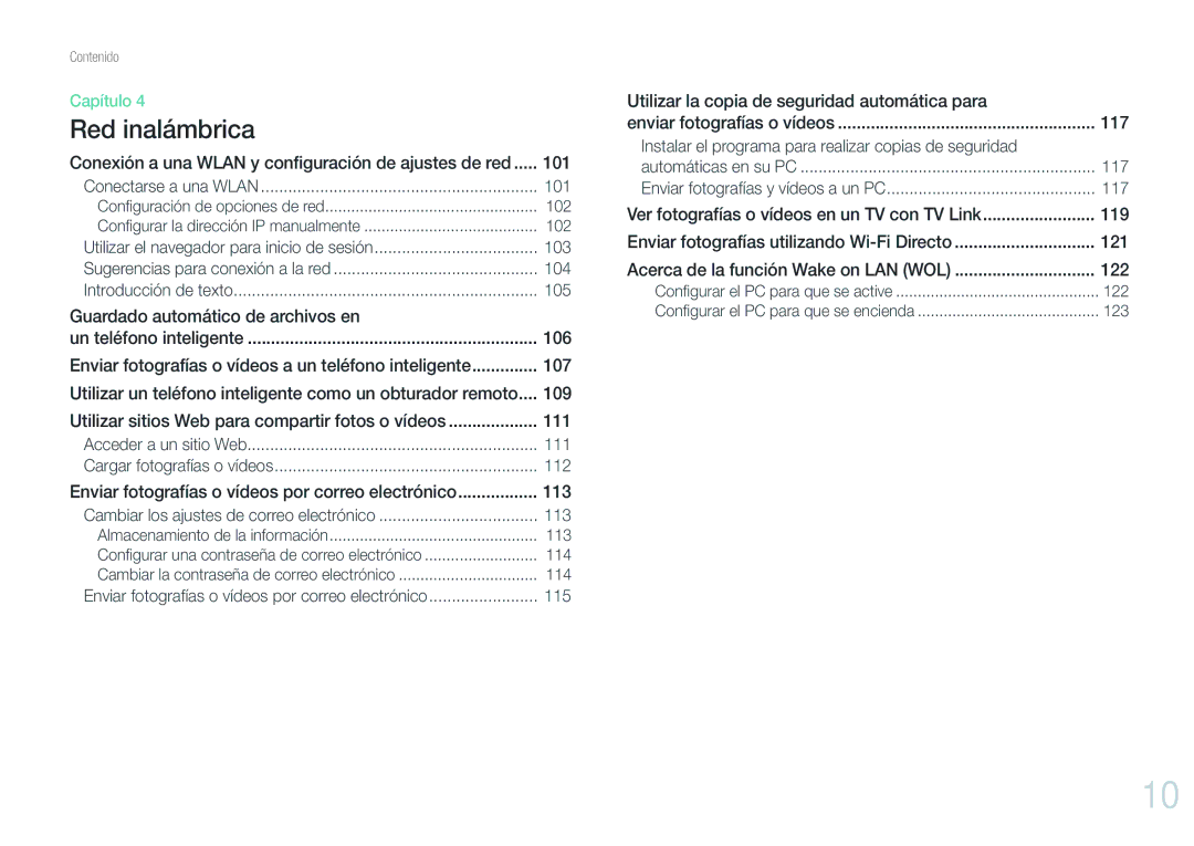 Samsung EV-NX1000BHWFR manual Conexión a una Wlan y conﬁguración de ajustes de red, 101, 103, 104, 105, 111, 112, 113, 115 