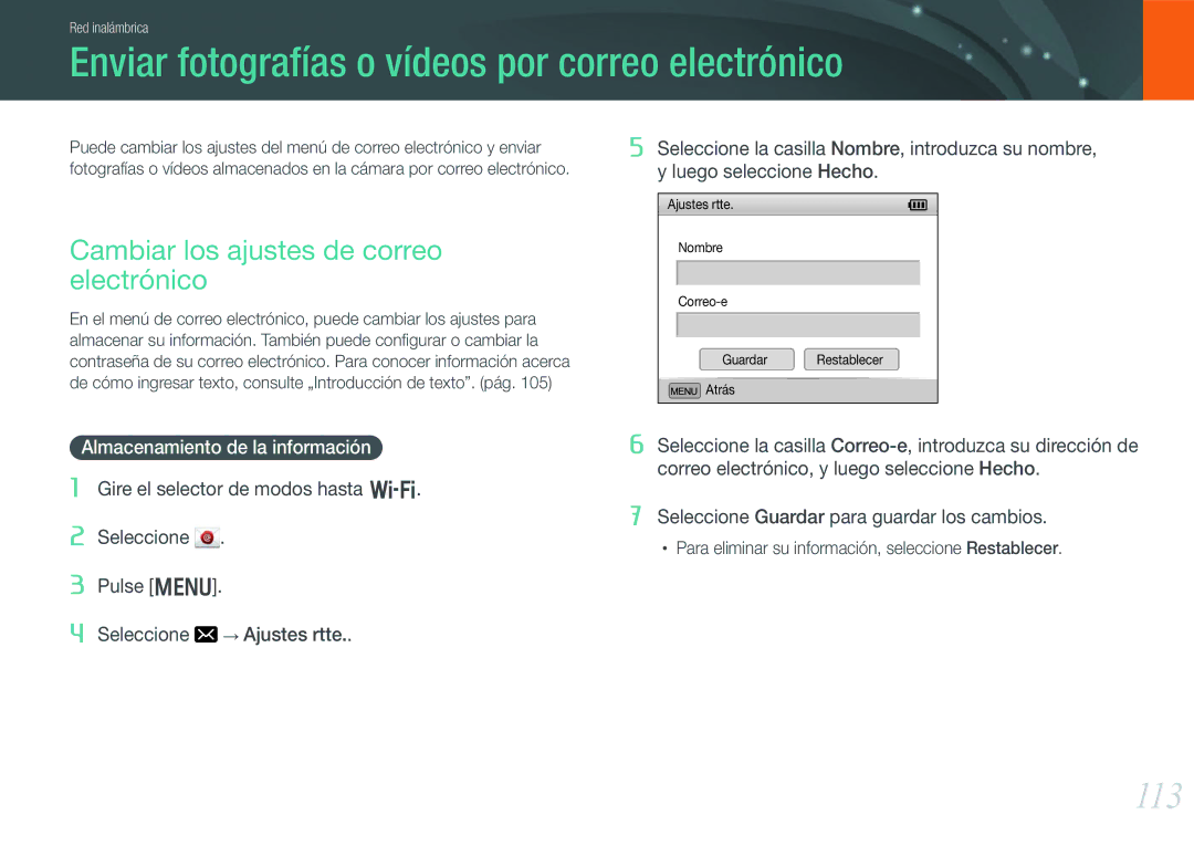 Samsung EV-NX1000BFWIL Enviar fotografías o vídeos por correo electrónico, 113, Cambiar los ajustes de correo electrónico 