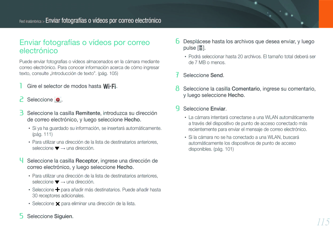 Samsung EV-NX1000BHWFR, EV-NX1000BABES, EV-NX1000BFWES manual 115, Enviar fotografías o vídeos por correo electrónico 