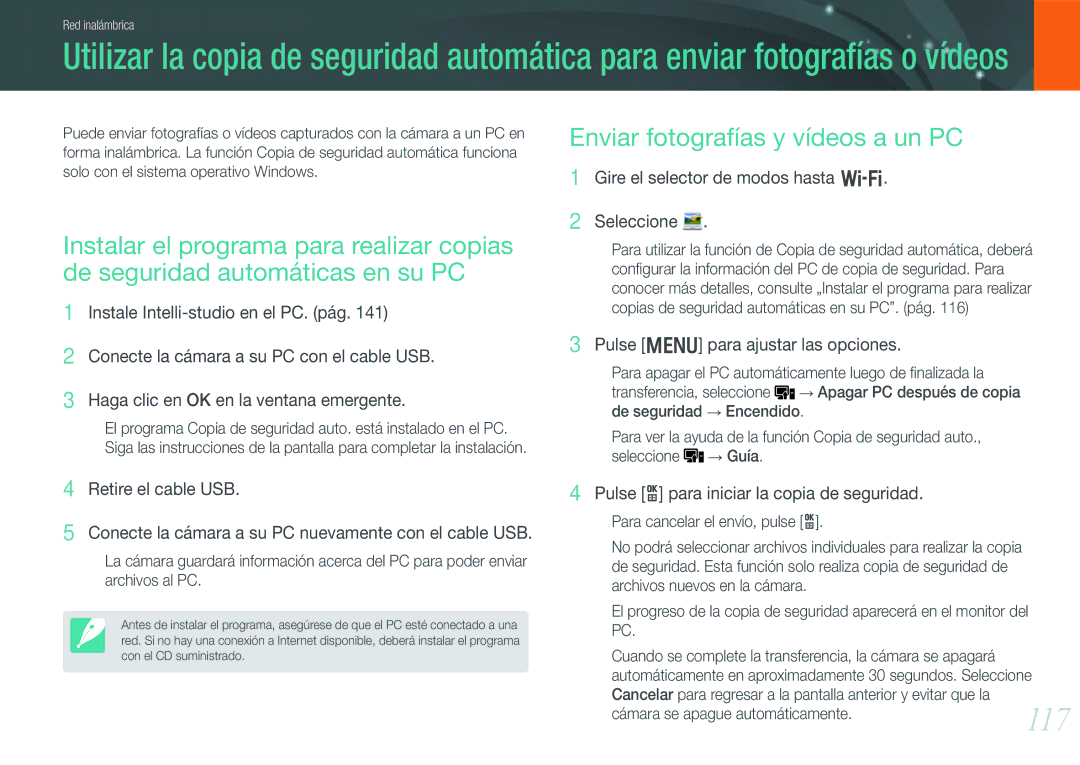 Samsung EV-NX1000BJPES, EV-NX1000BABES, EV-NX1000BHWFR, EV-NX1000BFWES manual 117, Enviar fotografías y vídeos a un PC 