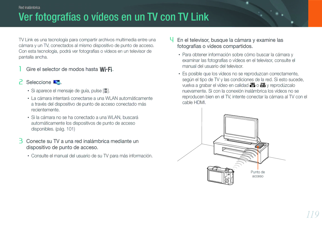 Samsung EV-NX1000BABES, EV-NX1000BHWFR, EV-NX1000BFWES Ver fotografías o vídeos en un TV con TV Link, 119, Pantalla ancha 